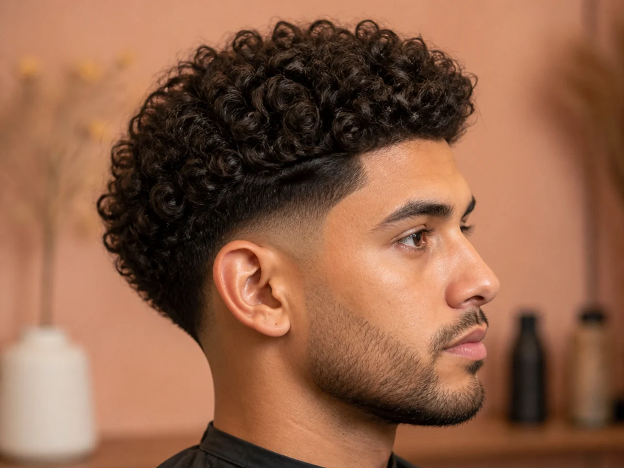 Side profile of a fresh low fade above the ear on 3B curly hair with the coil pattern intact on top