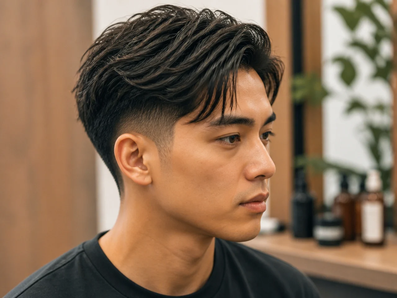 Man washing medium-length hair with sulfate-free shampoo in the shower before styling a low fade