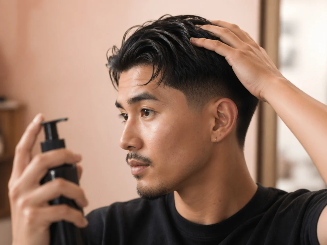 Man misting sea-salt spray on damp medium hair before blow-drying and styling a low fade