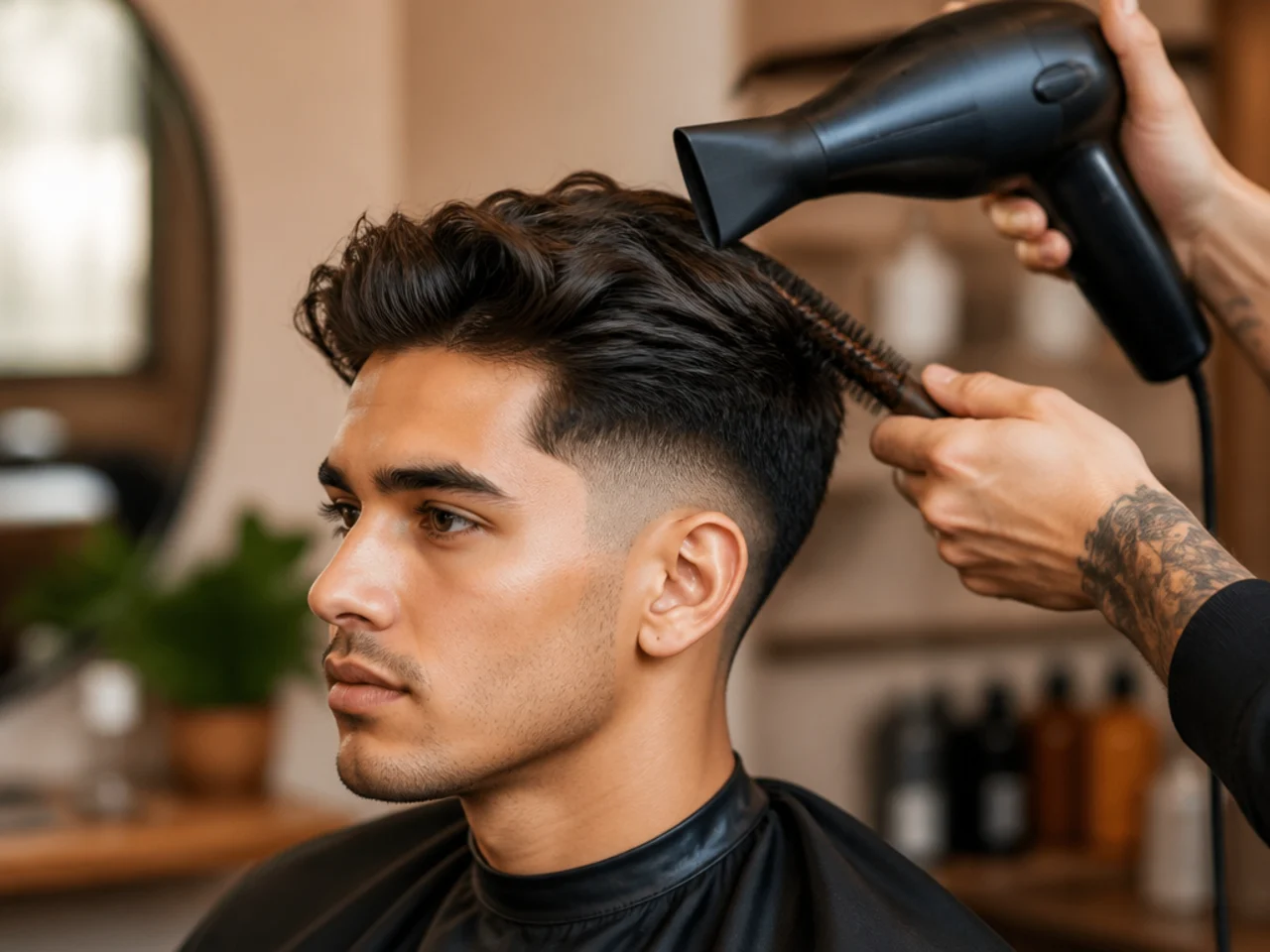 Man blow-drying medium hair with a dryer aimed down the shaft over a low fade