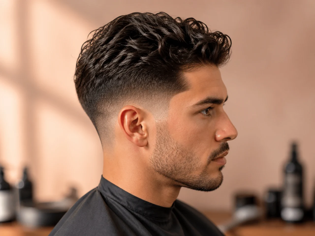 Man warming matte paste between palms before applying to medium-length hair over a low fade