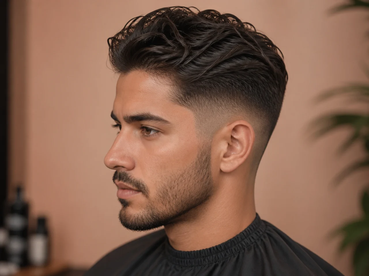 Close-up of a man's low fade being brushed clean along the temple with a soft brush