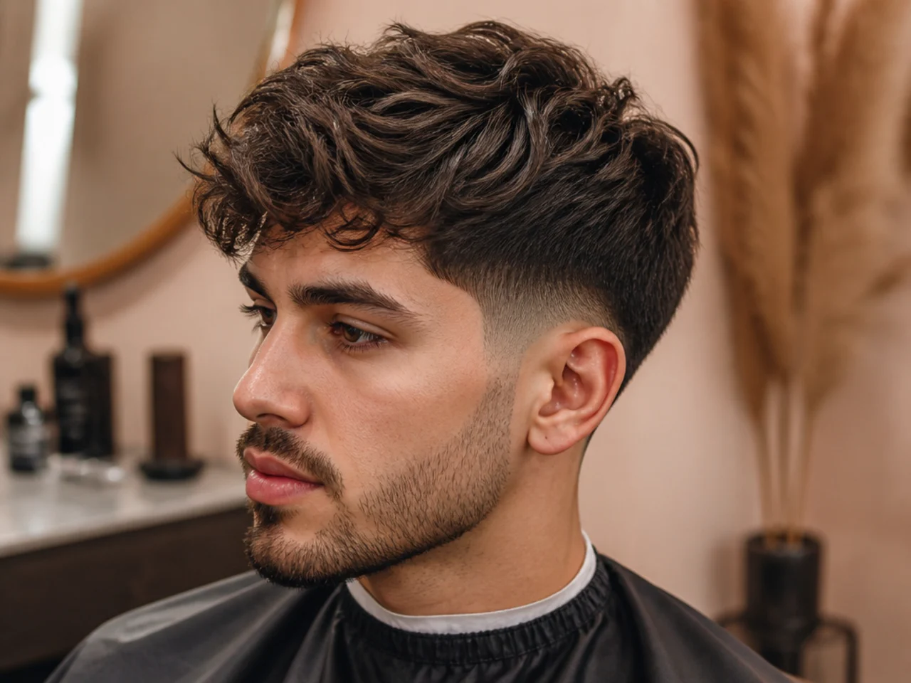 Man using over-ear trimmers to clean up the low fade line and neckline at home