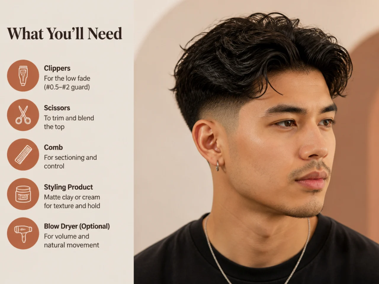 Flat lay of shampoo, sea-salt spray, matte paste, blow-dryer, and comb for styling a low fade with medium hair