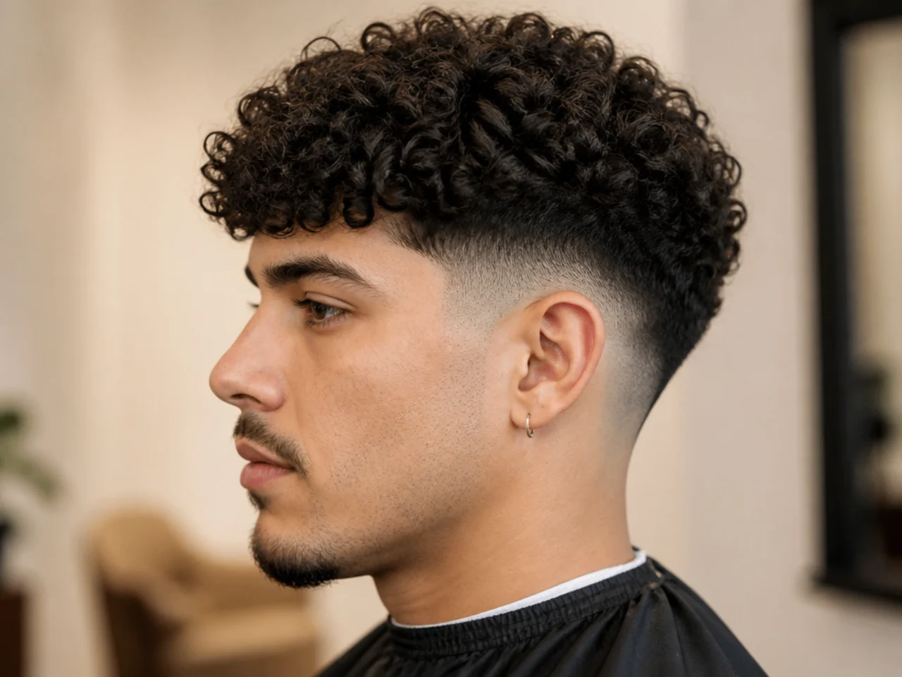 Broccoli haircut with a low fade — round curly top, tight sides