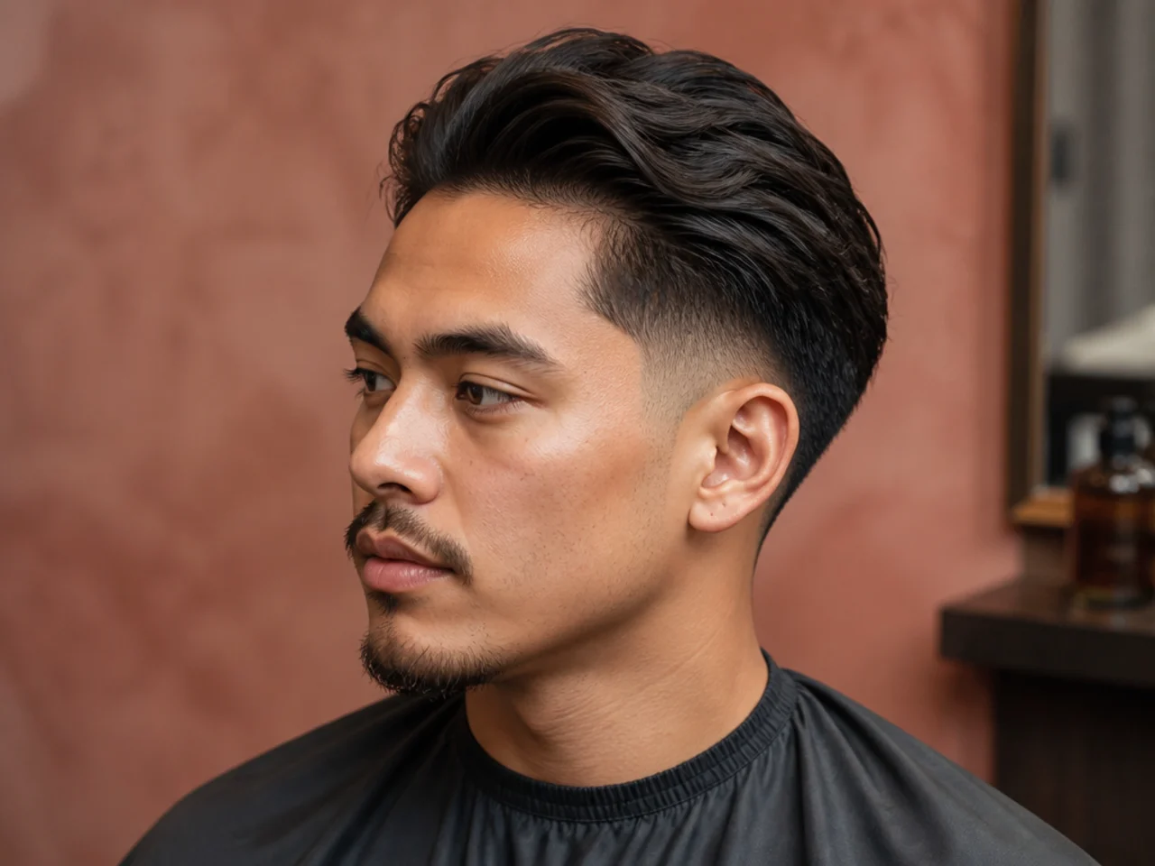 Low drop fade with brushed-back waves on top for men with wavy hair