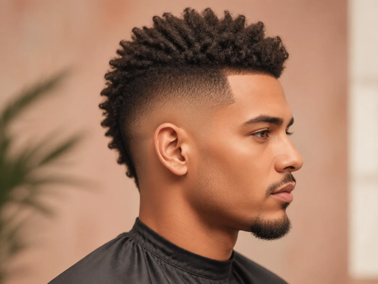 Low burst fade with a soft mohawk strip on top