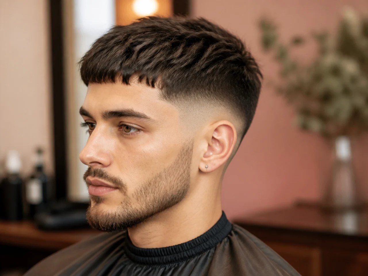 French crop with a low fade — blunt fringe and tight sides