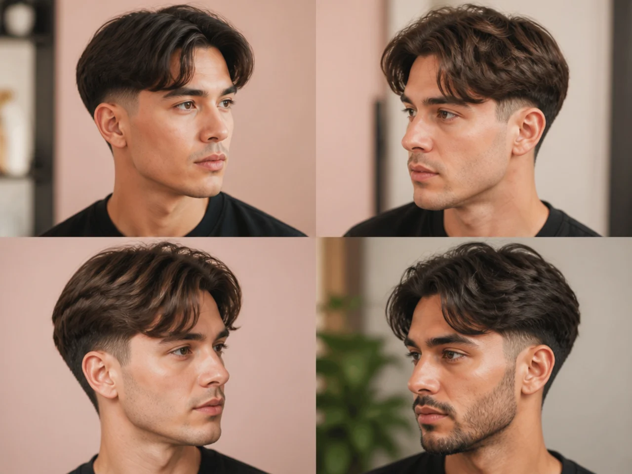 Low fade with curtain bangs parted down the middle on a young man
