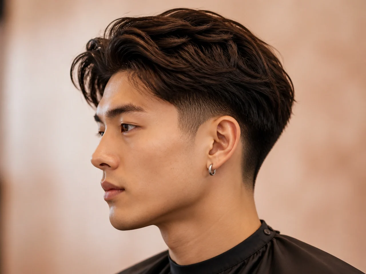 Long top with a low taper fade and swept-back medium-length hair