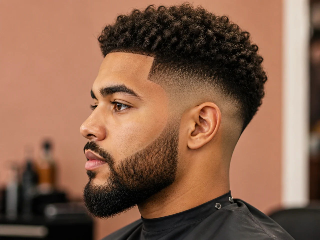 Low fade blended into a groomed medium-length beard at the sideburn