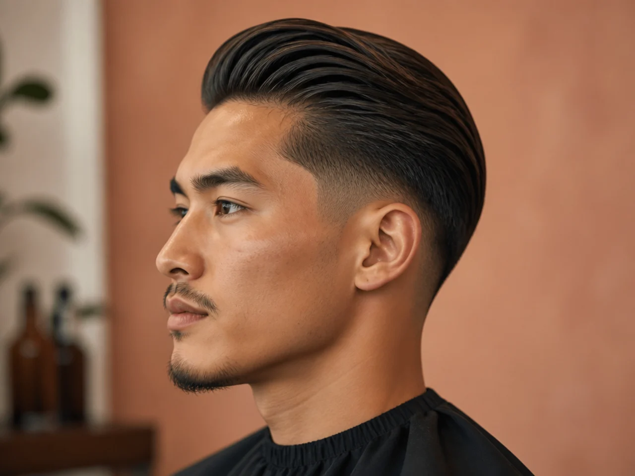 Low fade with a shiny slick-back top on medium-length straight hair