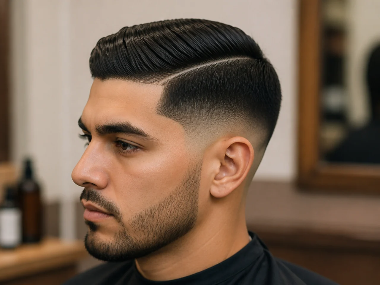Low fade with a razor-shaved hard part and combed-over top