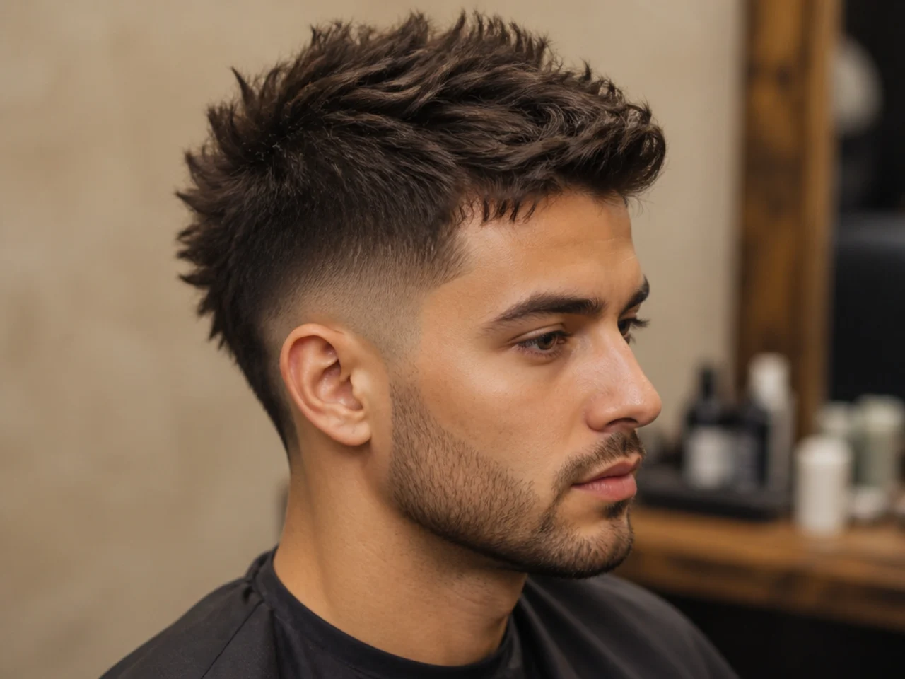 Low fade faux hawk with a central strip styled upward