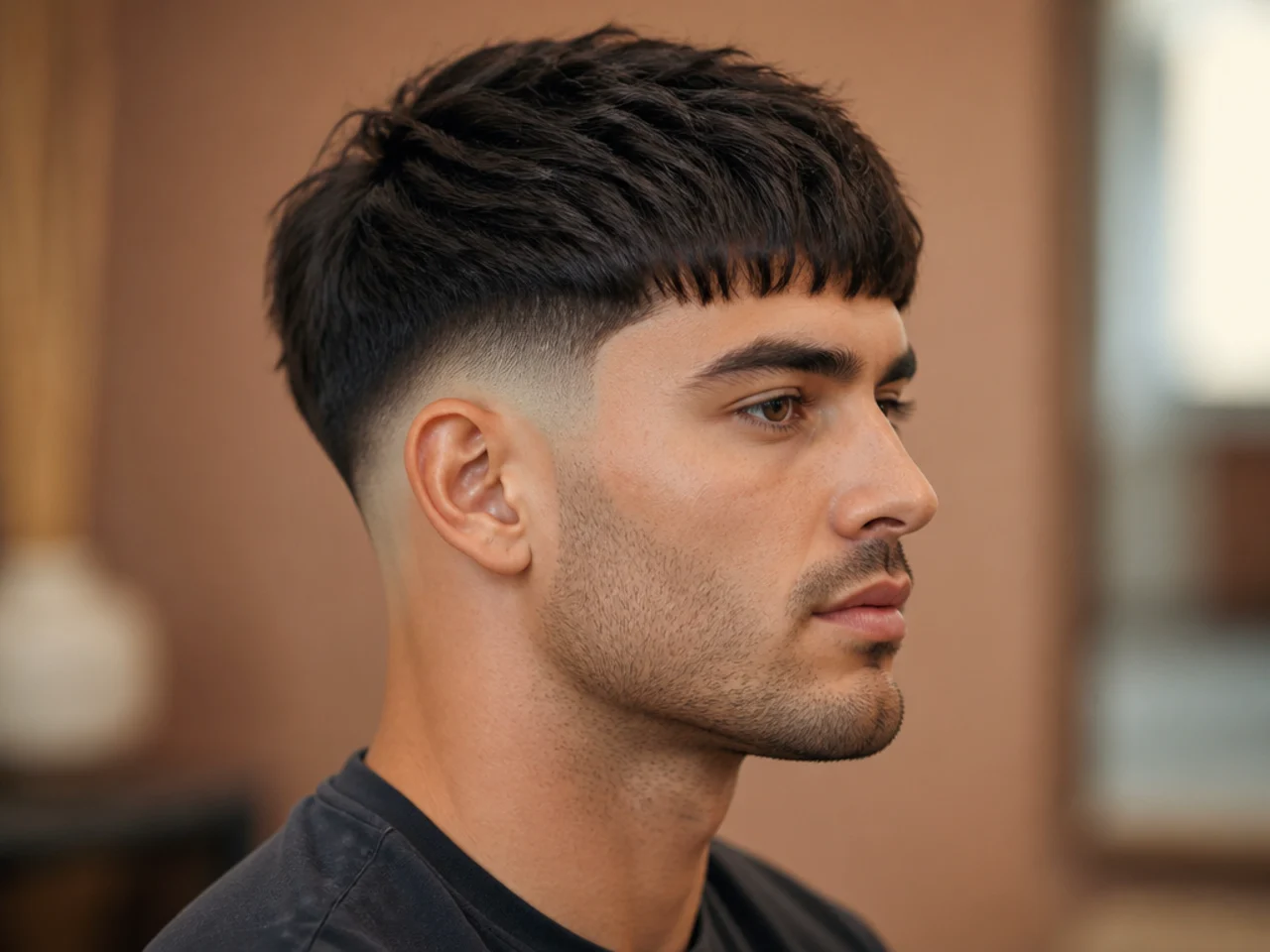 Edgar cut with a low fade — straight blunt fringe across the forehead