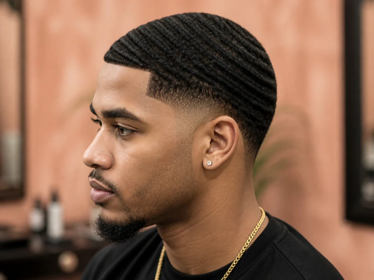Low fade with 360 waves brushed into a coarse short top