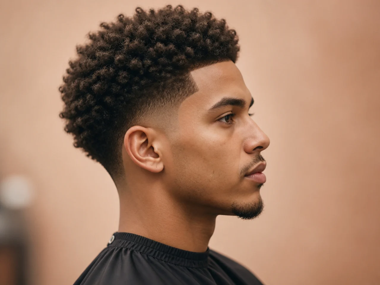 Naturally rounded afro on top with a clean low fade at the sides