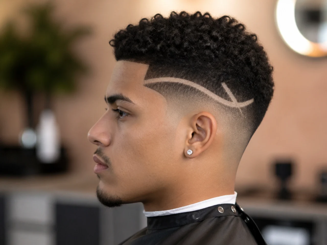 Low fade with a single razor design line etched into the temple
