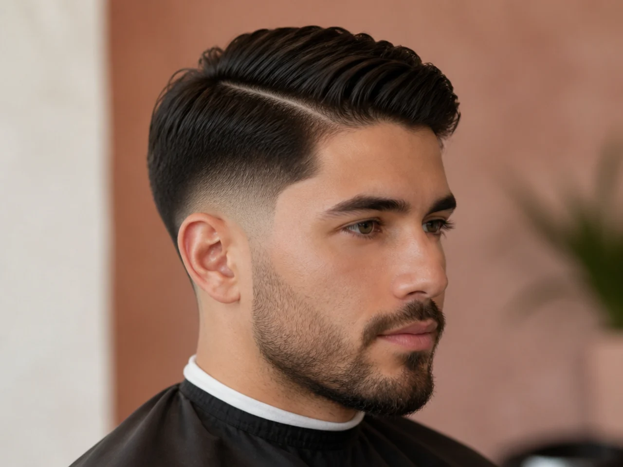 Sharp side part with a low taper fade and short combed-over top