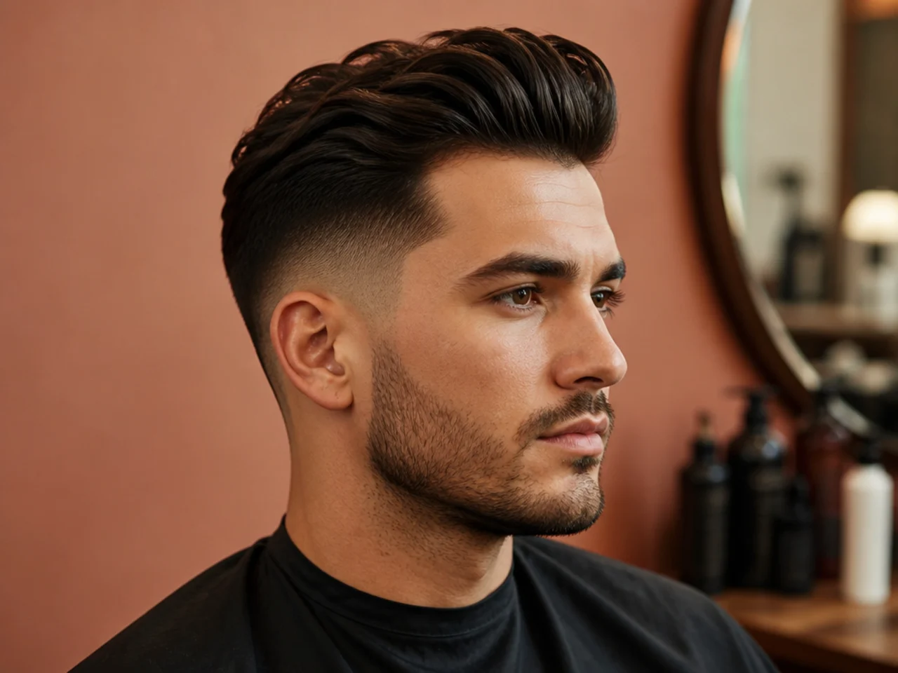 Retro low fade pompadour with height at the front on wavy hair