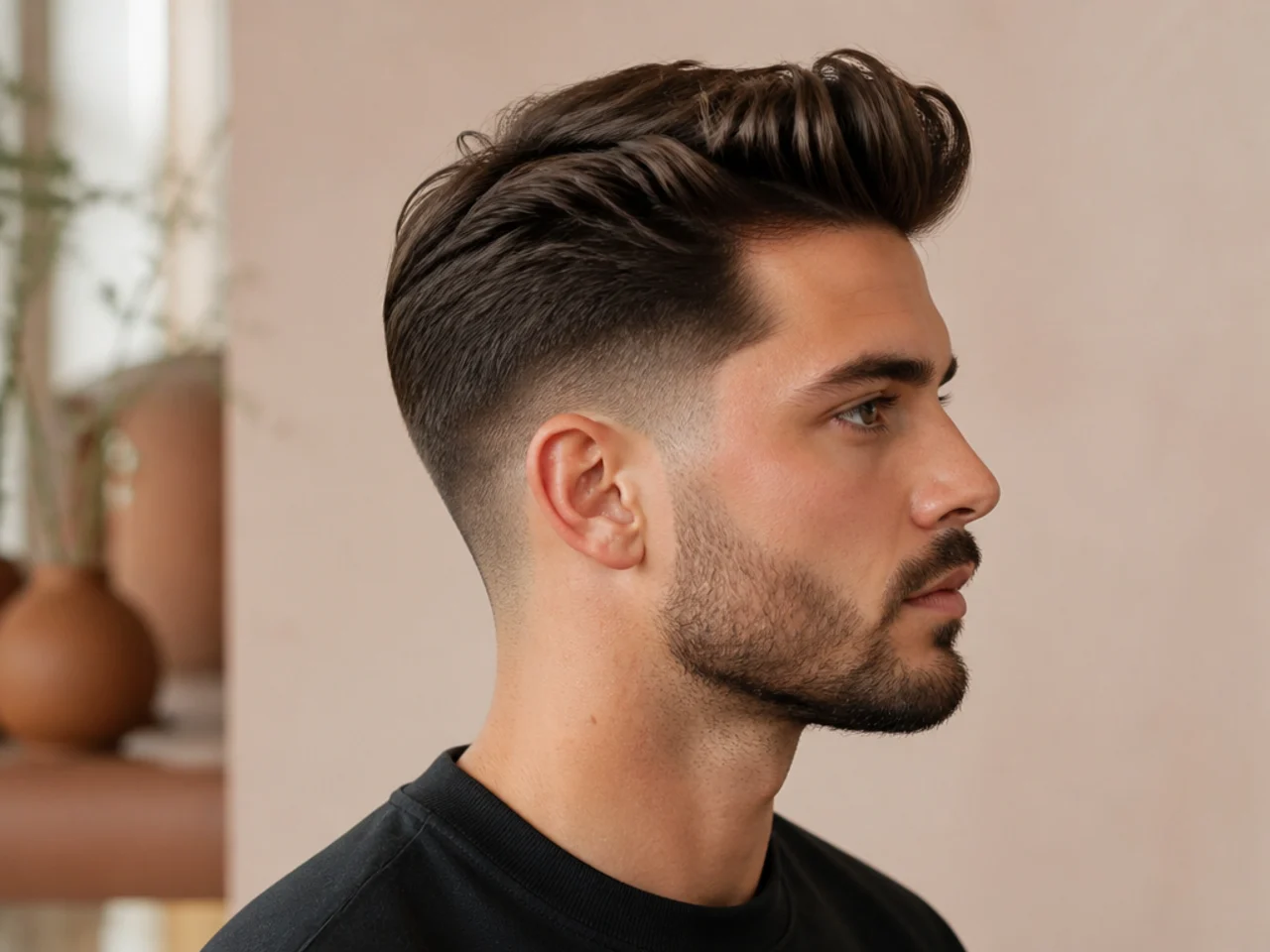 Low fade quiff with front volume that slopes back on straight hair