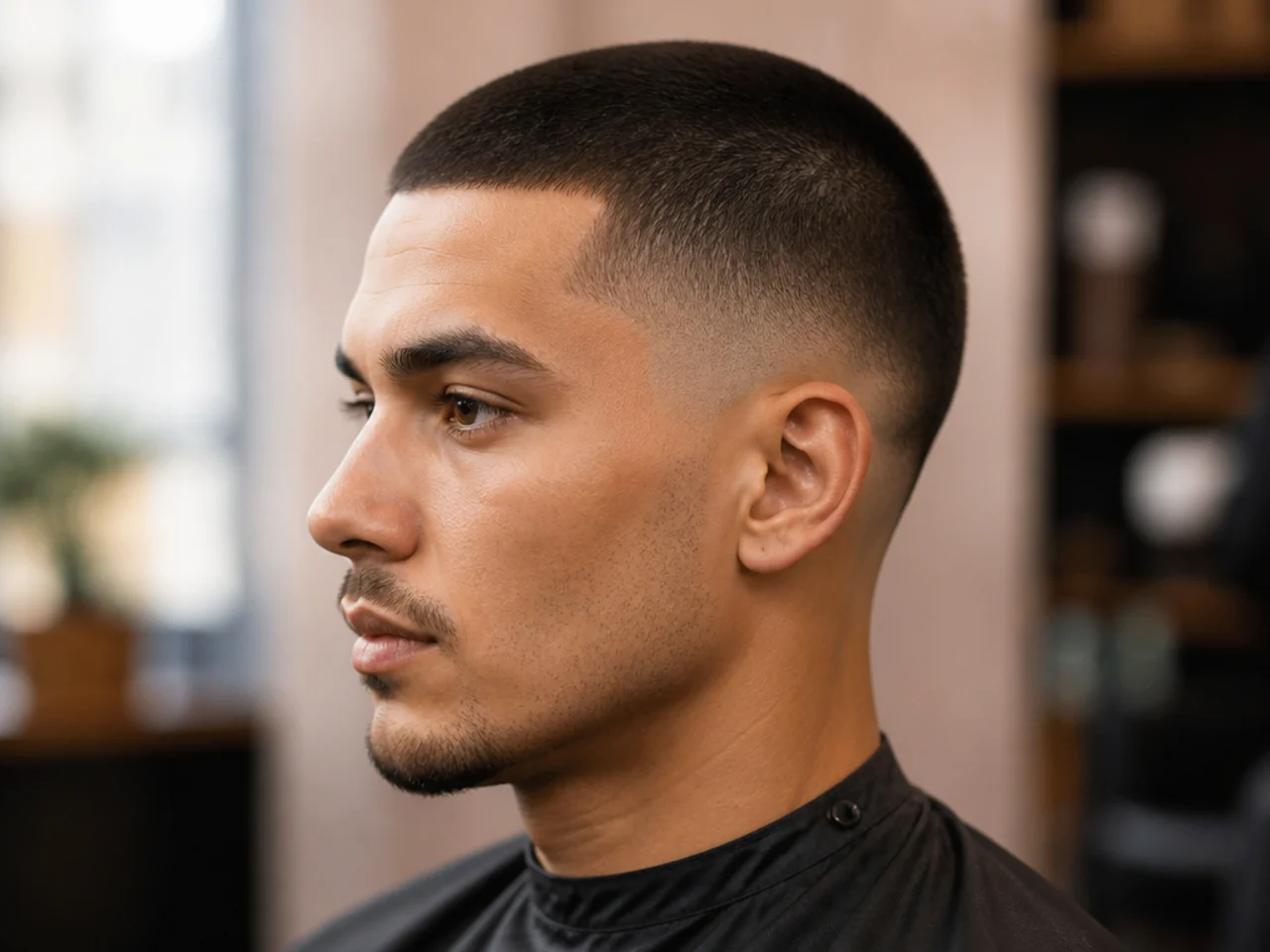 Clean low fade buzz cut with a number 3 guard on top