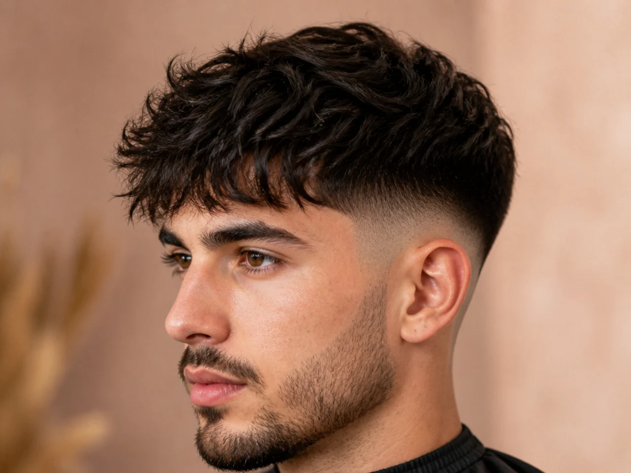 Low skin fade with a messy tousled fringe over the forehead