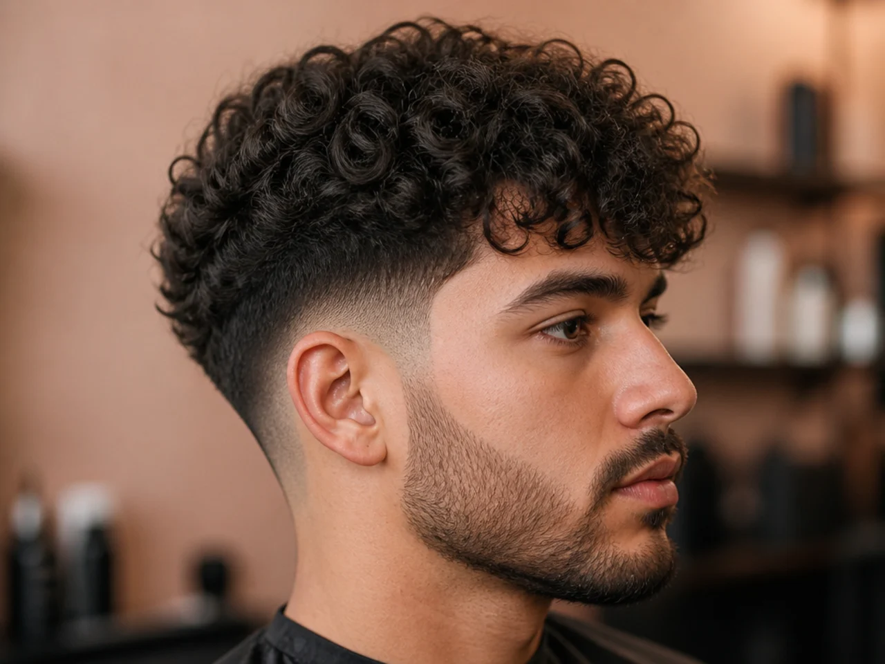 Low fade with a curly fringe on top for men with wavy or curly hair