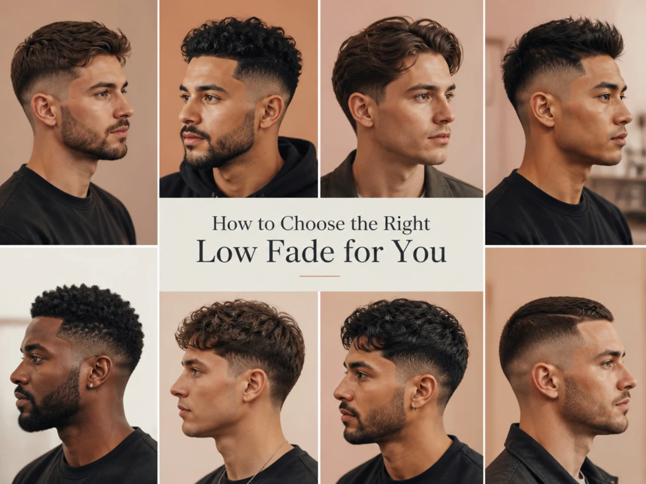 Reference layout of clipper guards, a barber comb, and a face-shape chart for choosing a low fade