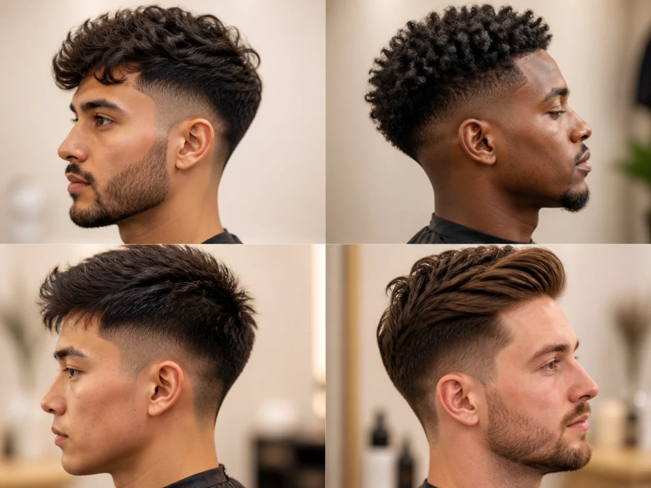 Product lineup for a men's low fade — matte clay, sea salt spray, pomade, curl cream
