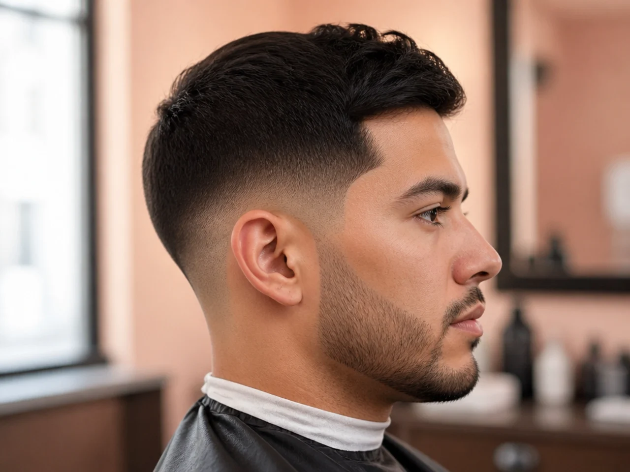 Side profile of a young man with a clean low fade starting just above the ear
