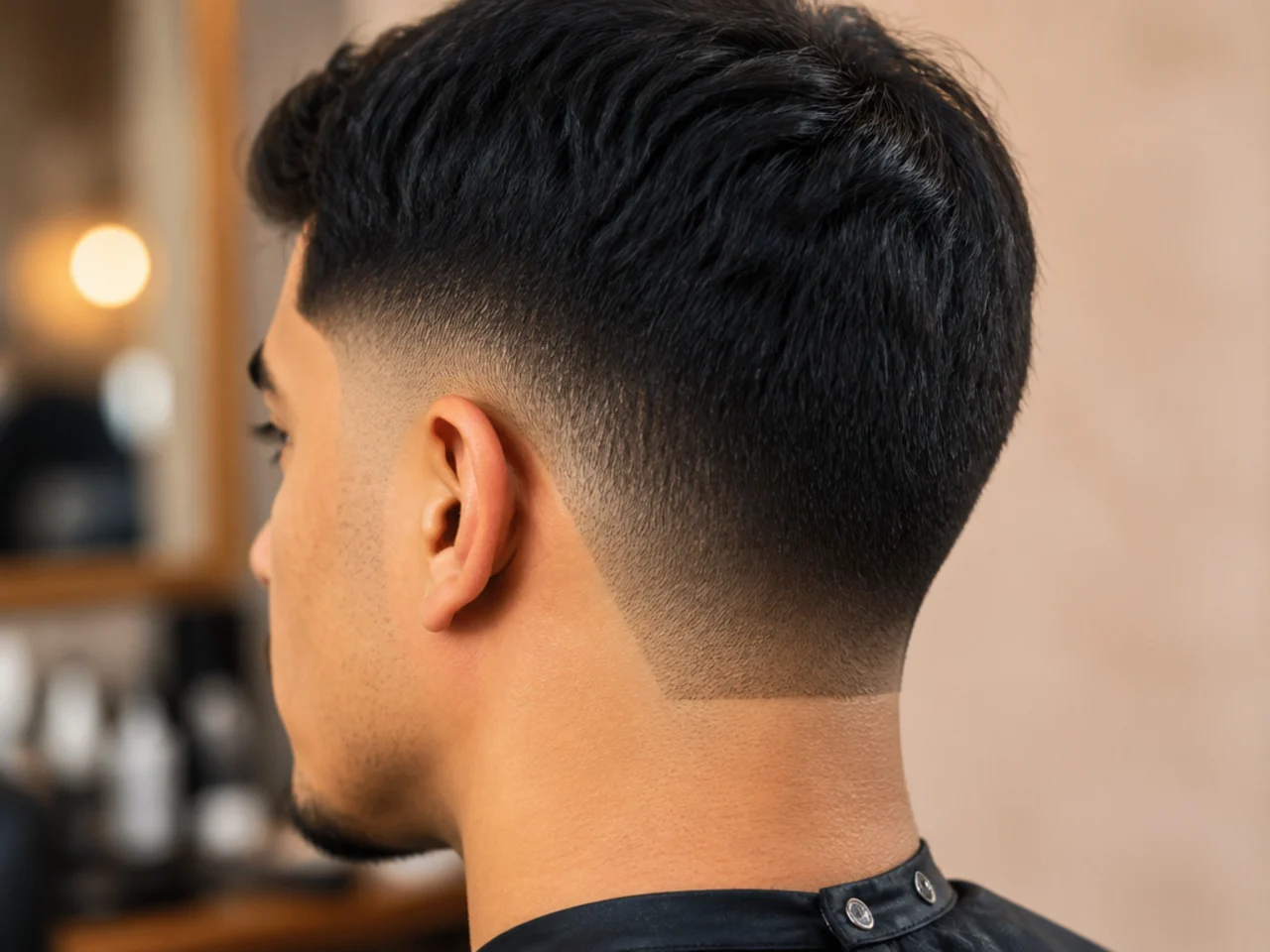 A low fade with a blocked neckline