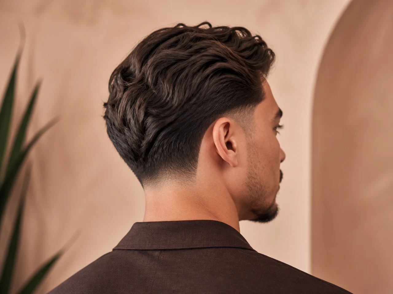 A low fade with the sides tucked behind the ears