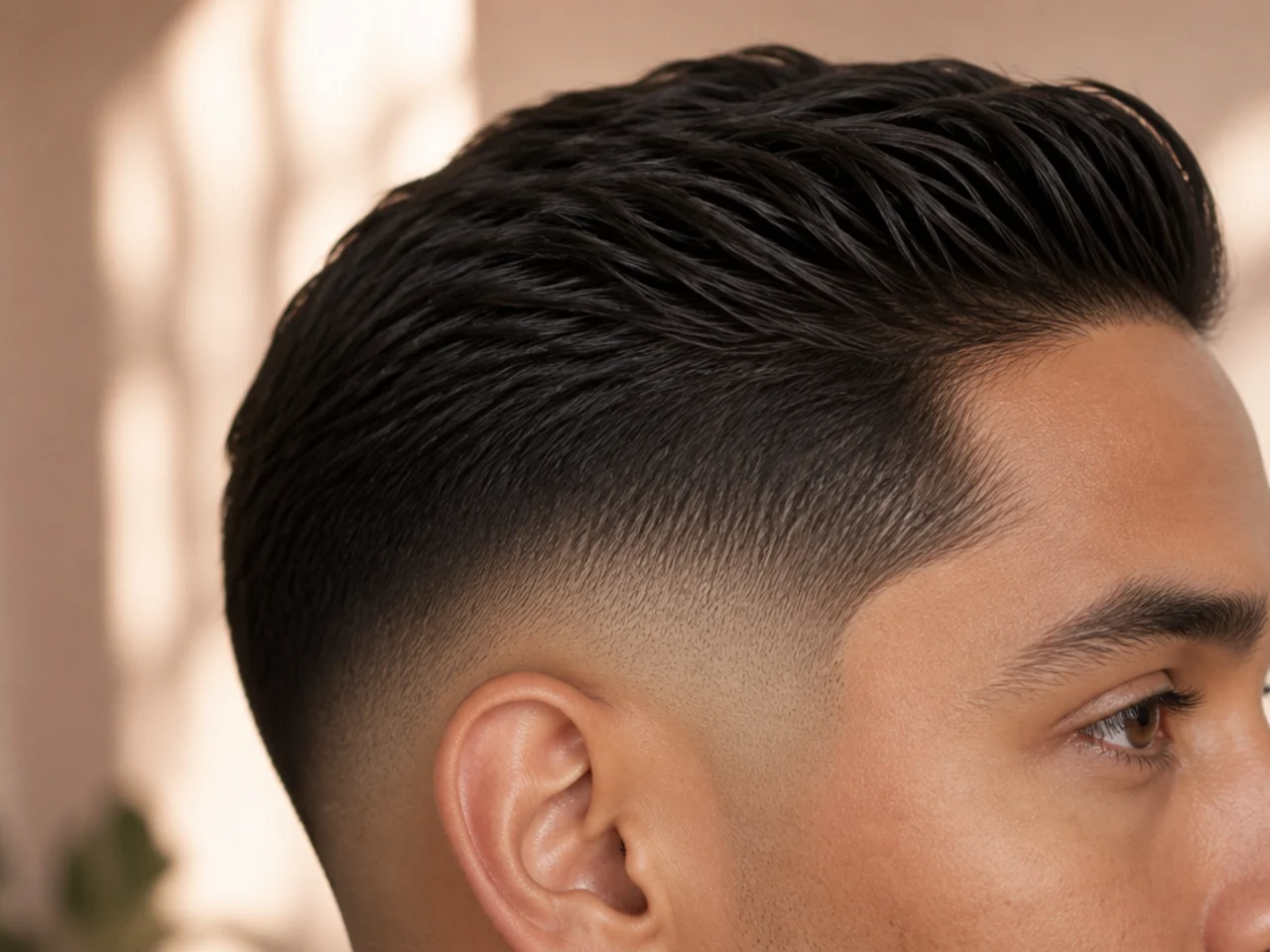 A low fade with the sides combed into the blend