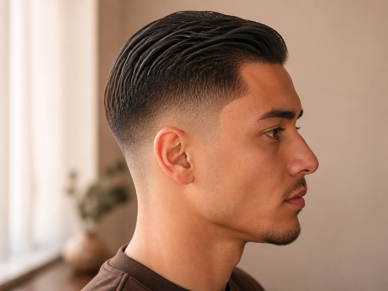 A low fade wet combed in the morning