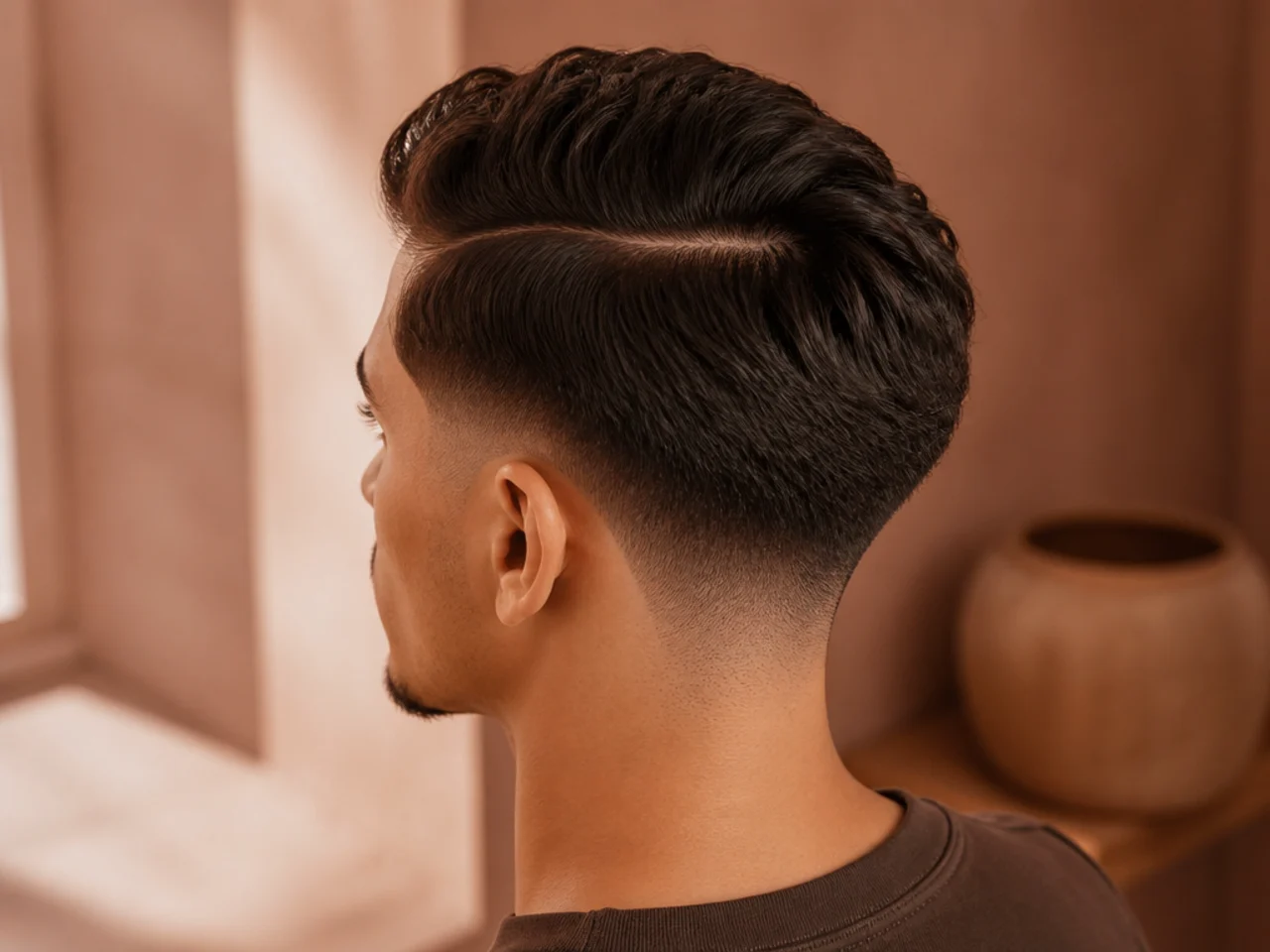 A low fade with a part splitting the top