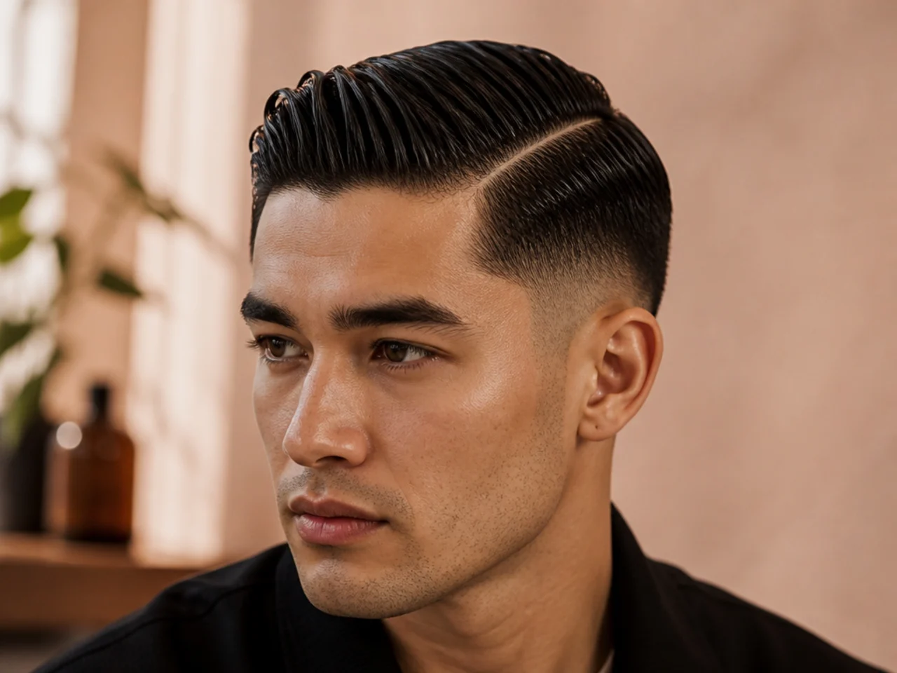 A low fade with a wet finish