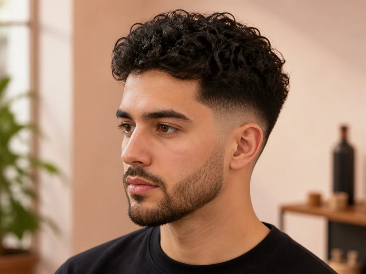 Three-quarter view of a styled low fade