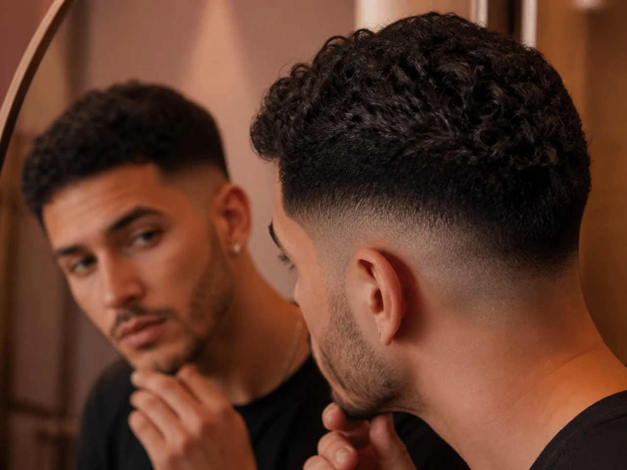 A low fade being checked in a mirror at week three