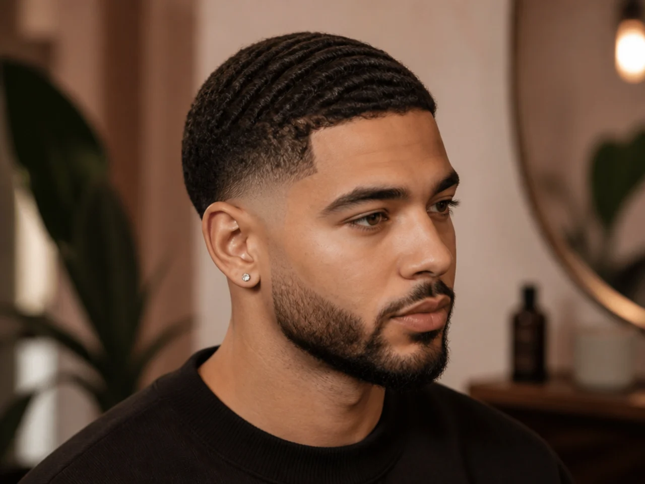 Three-quarter view of a low fade with waves