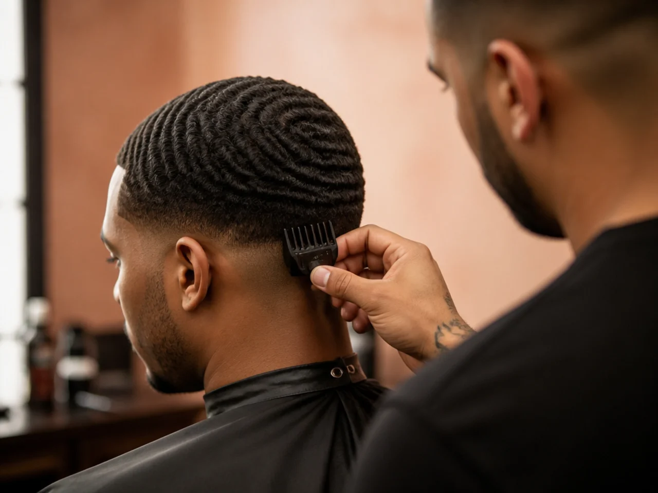 A barber matching a low fade guard to a wave pattern