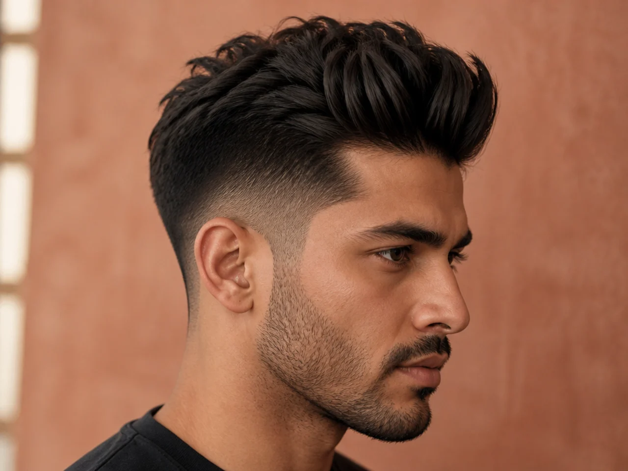 Textured Pompadour with Low Skin Fade and Heavy Stubble Beard