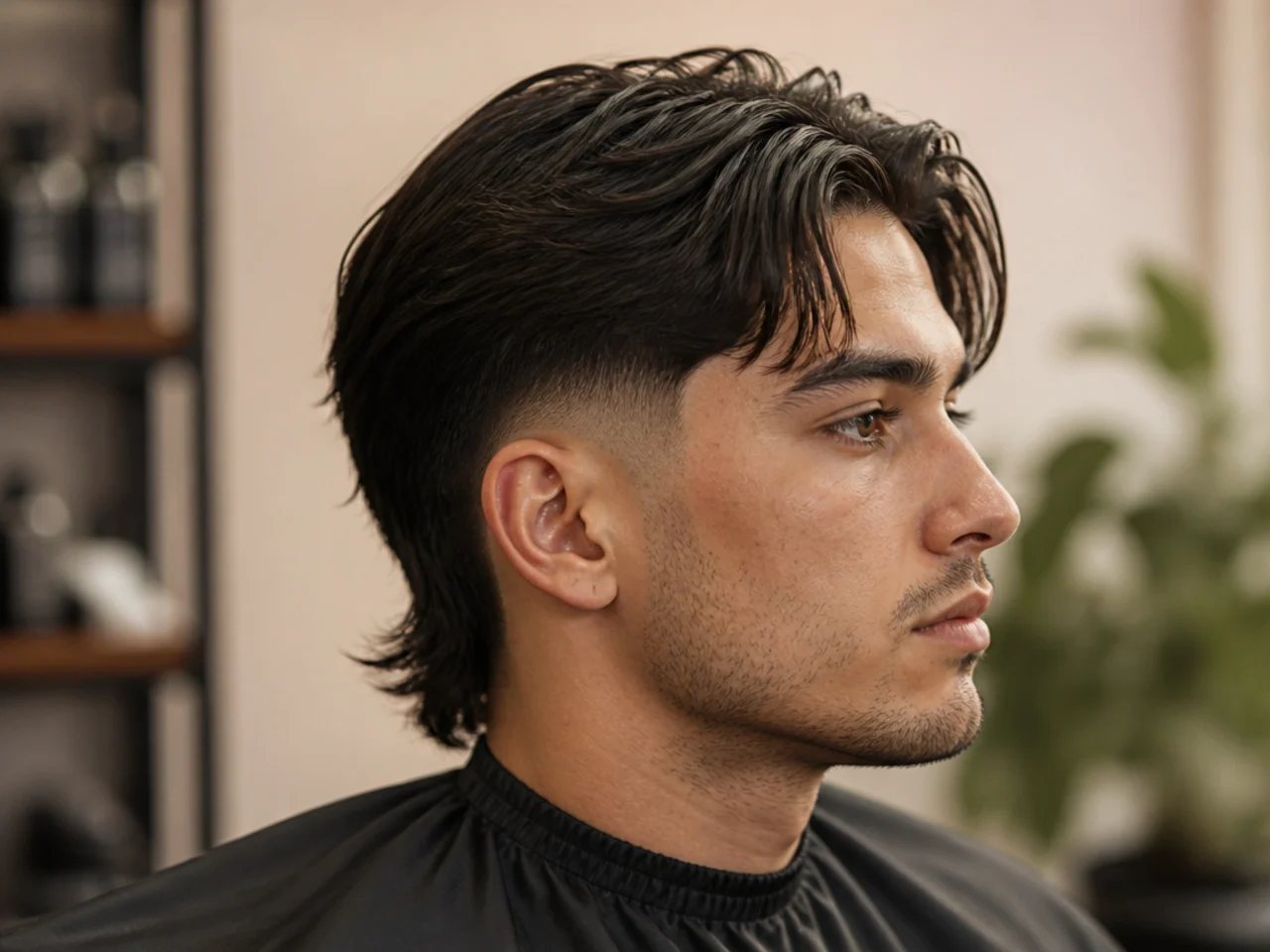 Low fade mullet split down the middle with two curtain sections falling forward