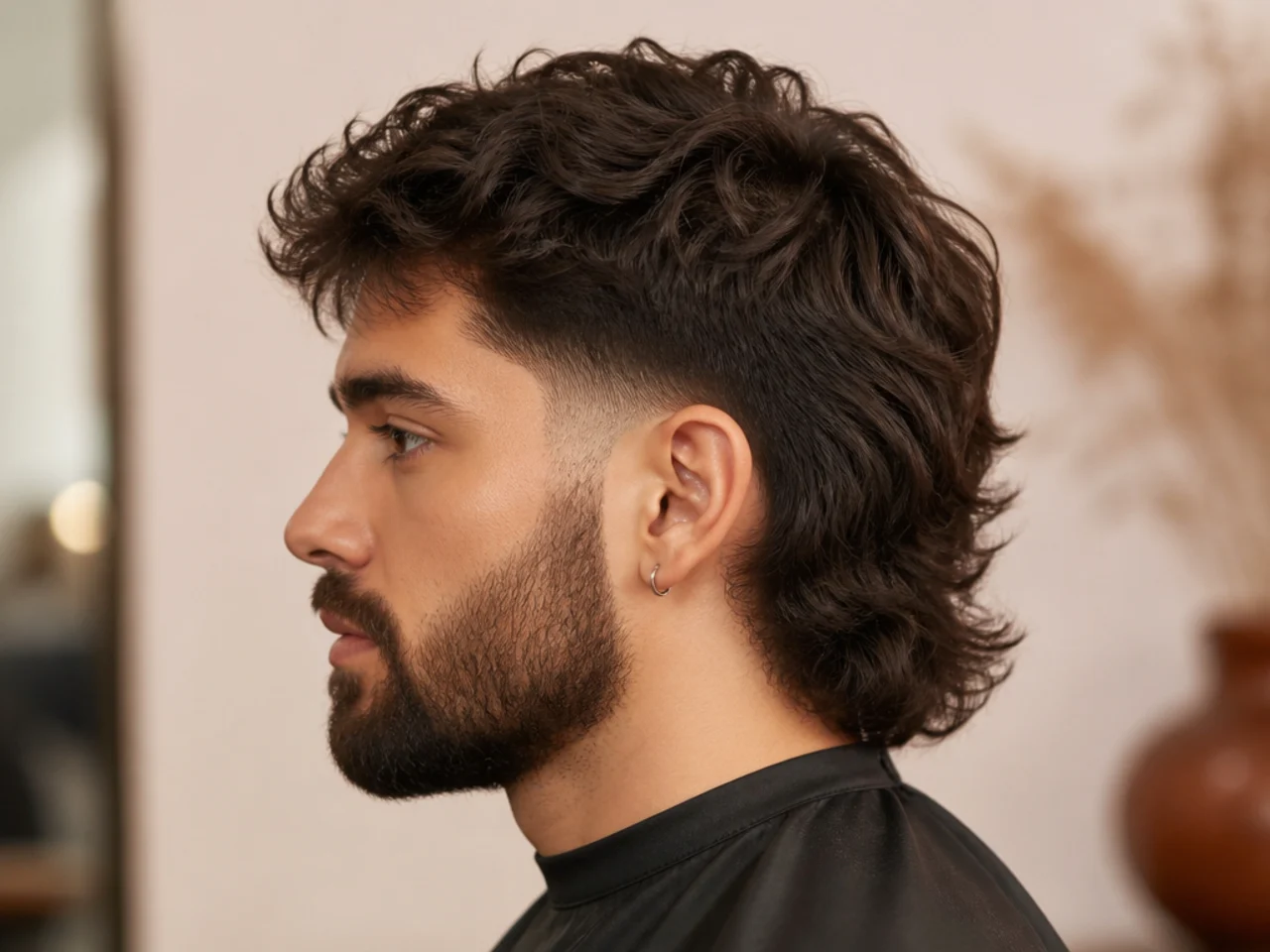 Low fade mullet paired with a full matched-grade beard on a man in his late twenties