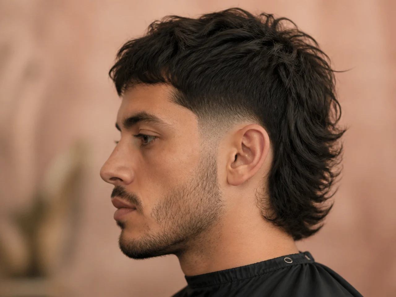 Low fade wolf mullet with heavy face-framing layers and shaggy back length over a clean low fade