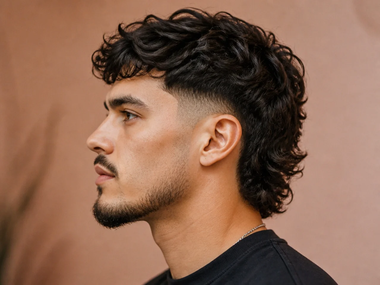 Low drop fade mullet with the fade line curving down behind the ear and layered back length