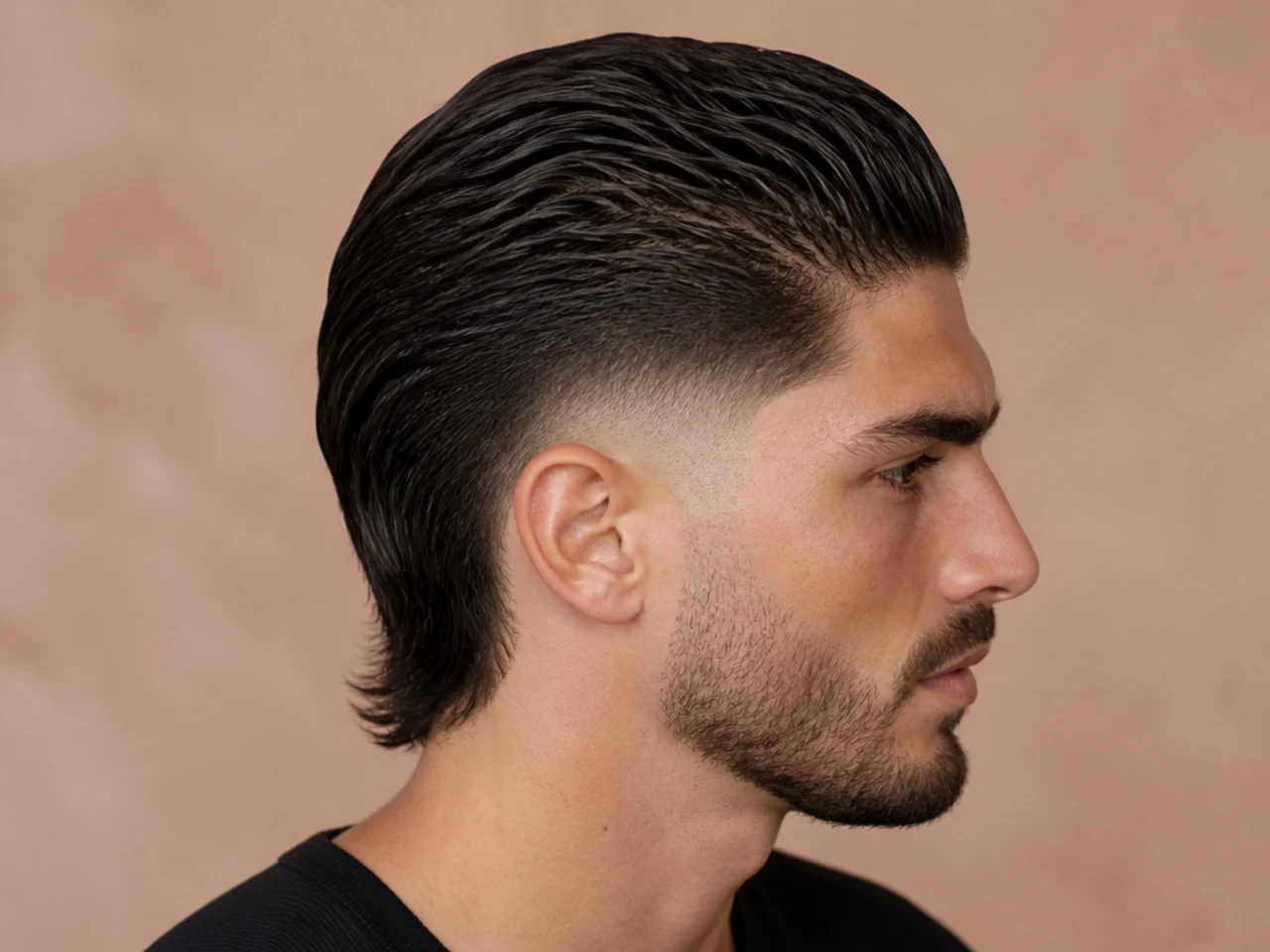 Slick back low fade mullet with a pomade-styled top swept backward over the crown and clean fade line at the ear