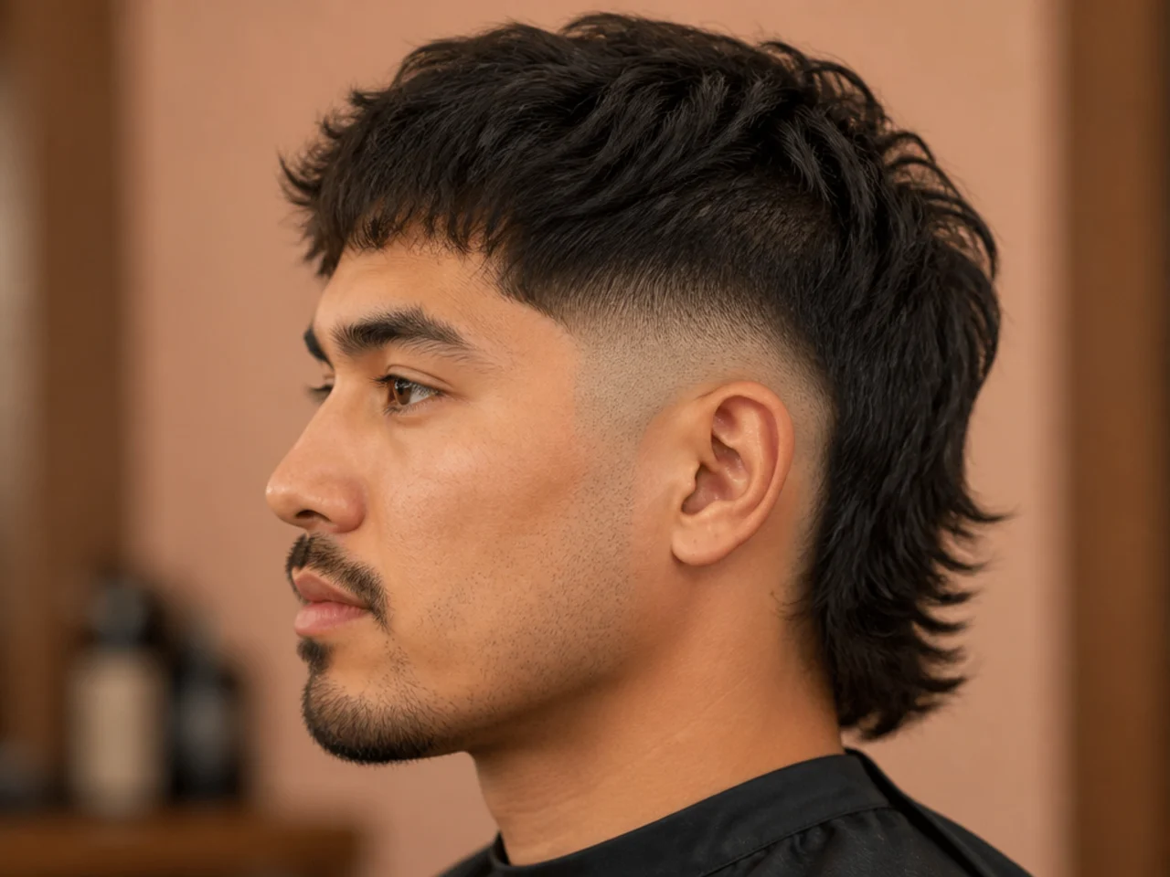 Skin low fade mullet with the fade dropping to bare scalp at the ear and clean sharp contrast against the top length