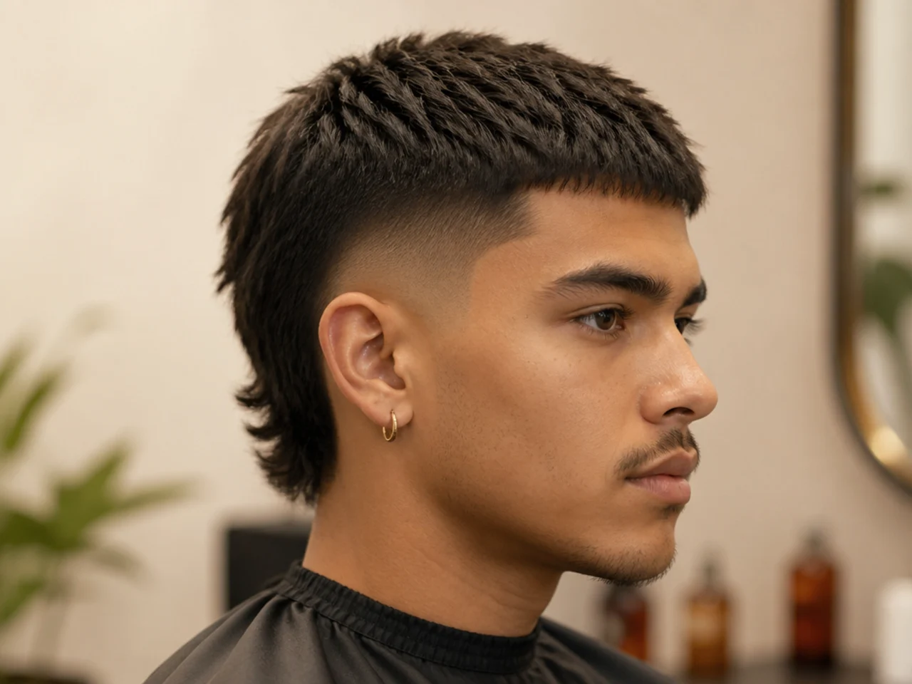 Short low fade mullet with a two-inch back length and clean guard 0 fade line at the ear