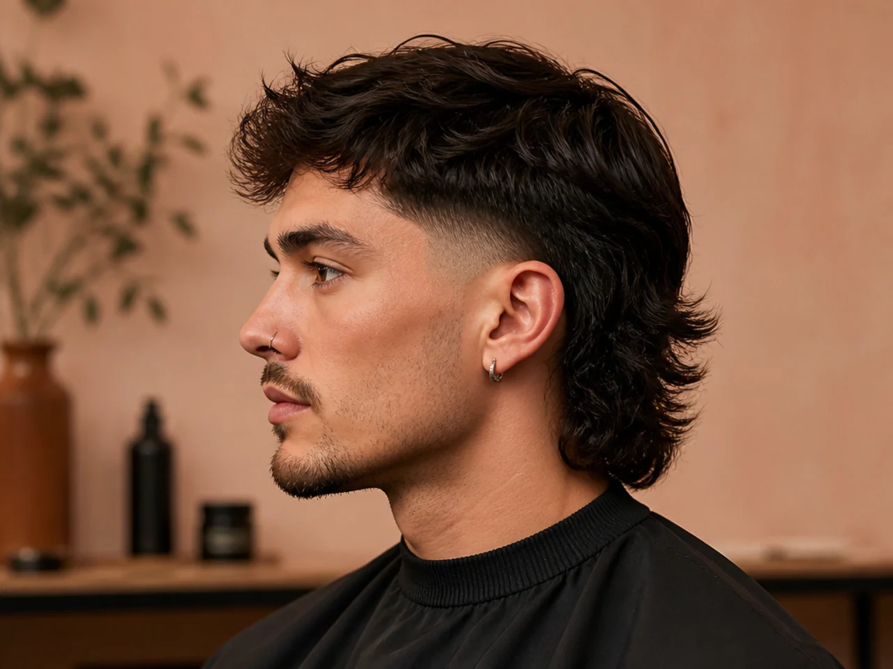 Long low fade mullet with the back reaching past the collar and heavy feathered internal layers